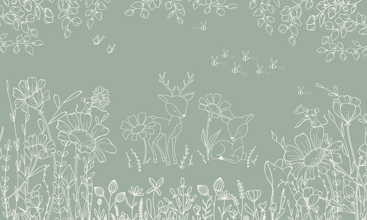 Deer Doodles - Green nga Oliver Robins – dizajni i plotë me drerë, lule dhe flutura