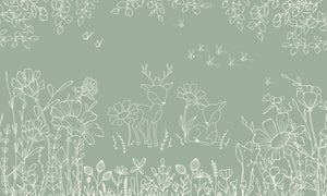 Deer Doodles - Green nga Oliver Robins – dizajni i plotë me drerë, lule dhe flutura