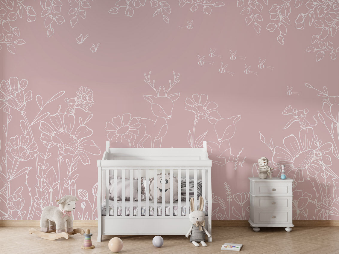 Deer Doodles - Pink – letër murale për dhomë fëmijësh, Crib white