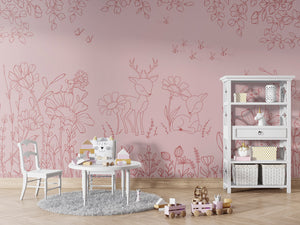 Deer Doodles - Pink Dark – letër murale për dhomë fëmijësh, Table and cabinet