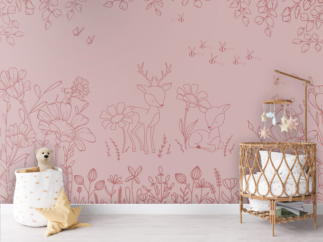 Deer Doodles - Pink Dark – letër murale për dhomë fëmijësh, Crib rotan