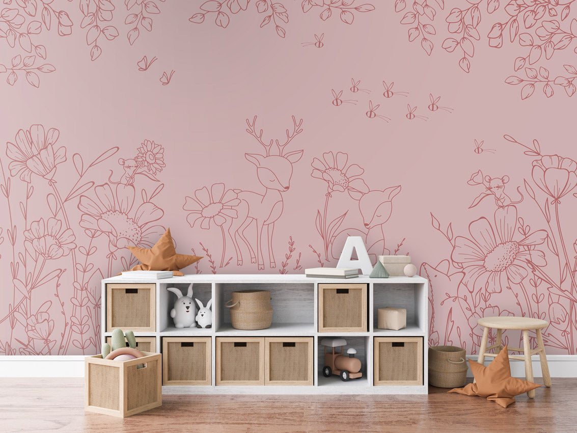 Deer Doodles - Pink Dark – letër murale për dhomë fëmijësh, Dressoir