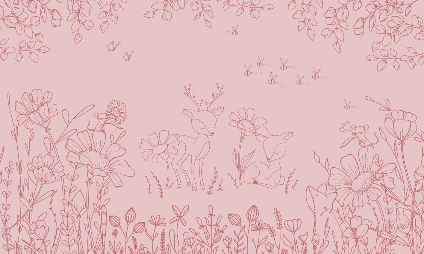 Deer Doodles - Pink Dark nga Oliver Robins – dizajni i plotë me drerë, lule dhe flutura