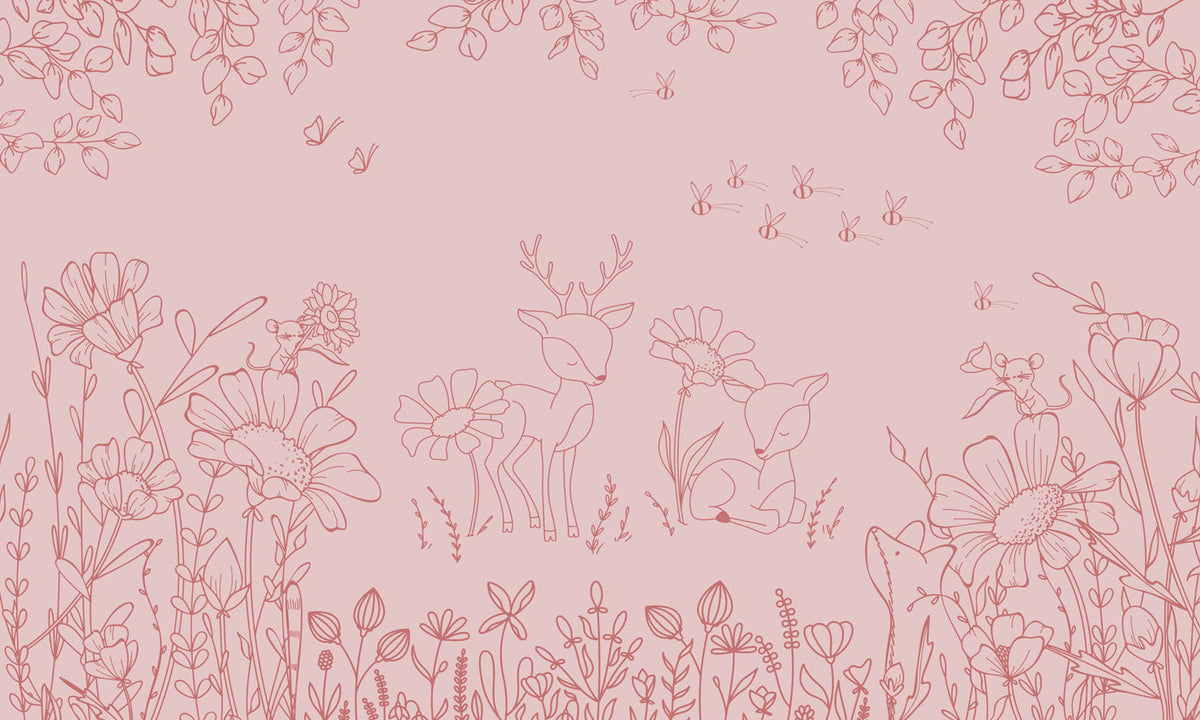 Deer Doodles - Pink Dark nga Oliver Robins – dizajni i plotë me drerë, lule dhe flutura
