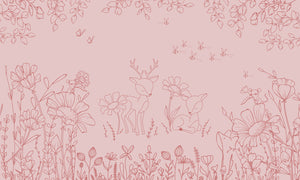 Deer Doodles - Pink Dark nga Oliver Robins – dizajni i plotë me drerë, lule dhe flutura