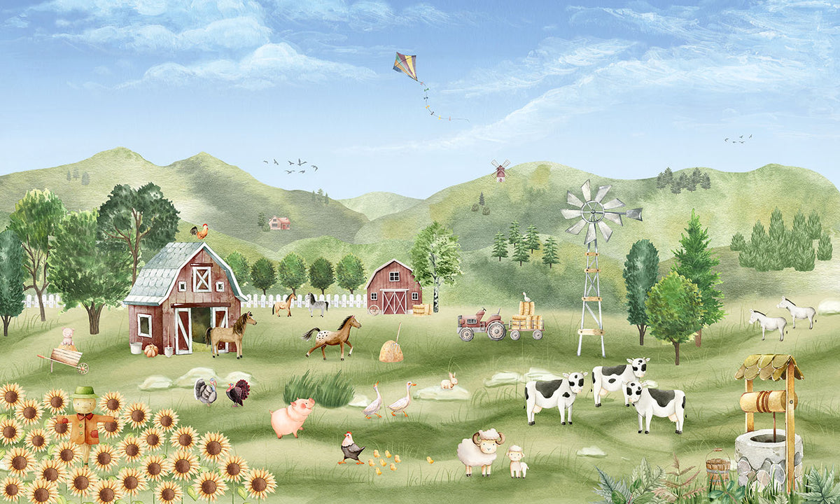 Farm Joy – letër murale me fermë dhe kafshë, dizajni i plotë