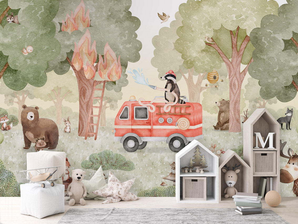 Forest Fire Fighter – letër murale me zjarrfikëse dhe kafshë pylli, House cabinets