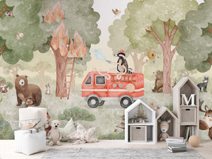Forest Fire Fighter – letër murale me zjarrfikëse dhe kafshë pylli, House cabinets