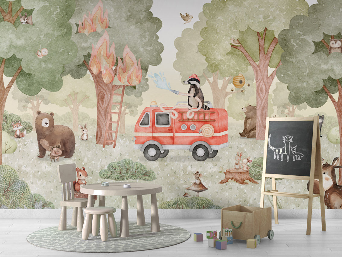 Forest Fire Fighter – letër murale me zjarrfikëse dhe kafshë pylli, School board