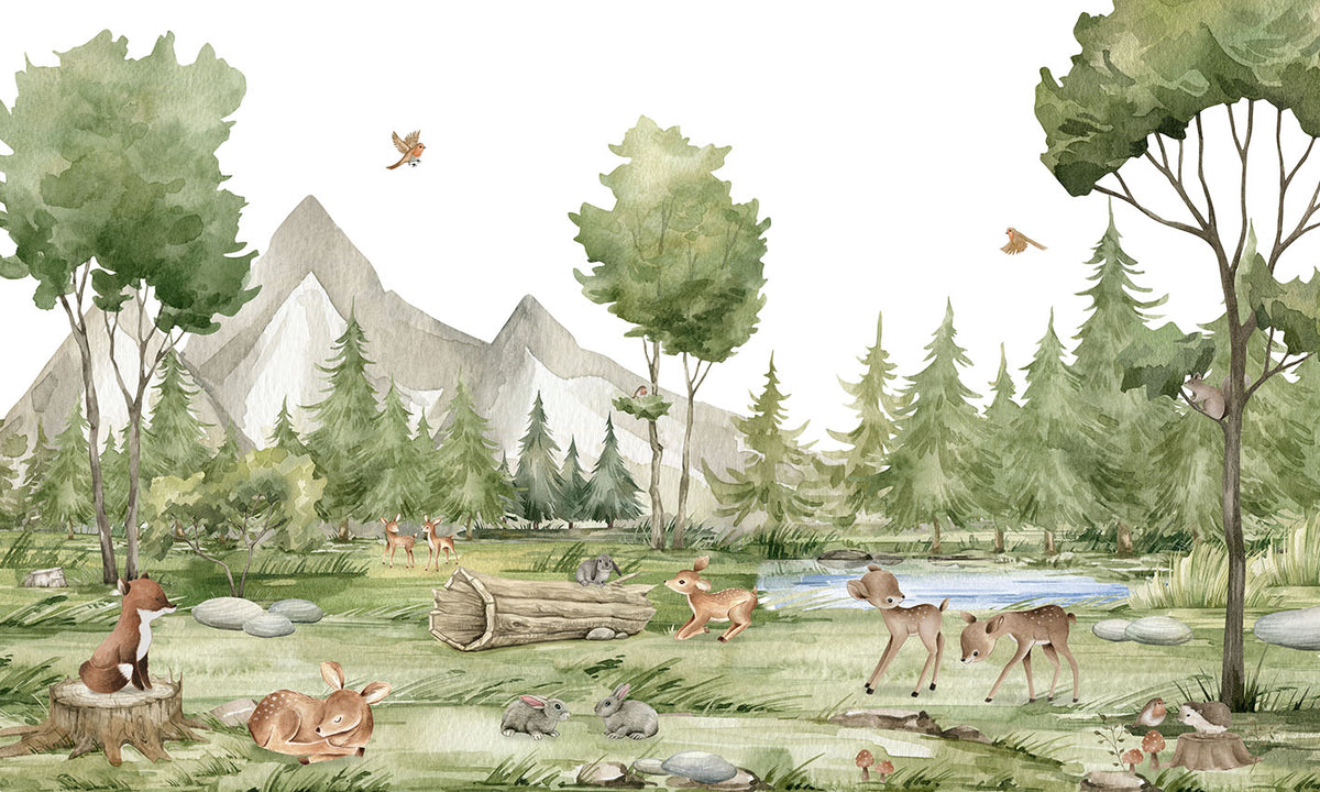 Forest Joy – letër murale me pyll dhe kafshë, dizajni i plotë