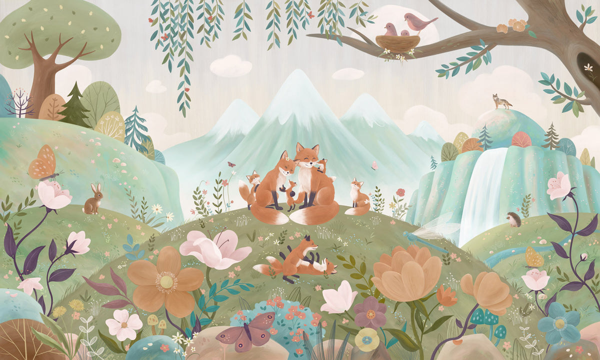 Fox Family – letër murale me familje dhelprash, dizajni i plotë