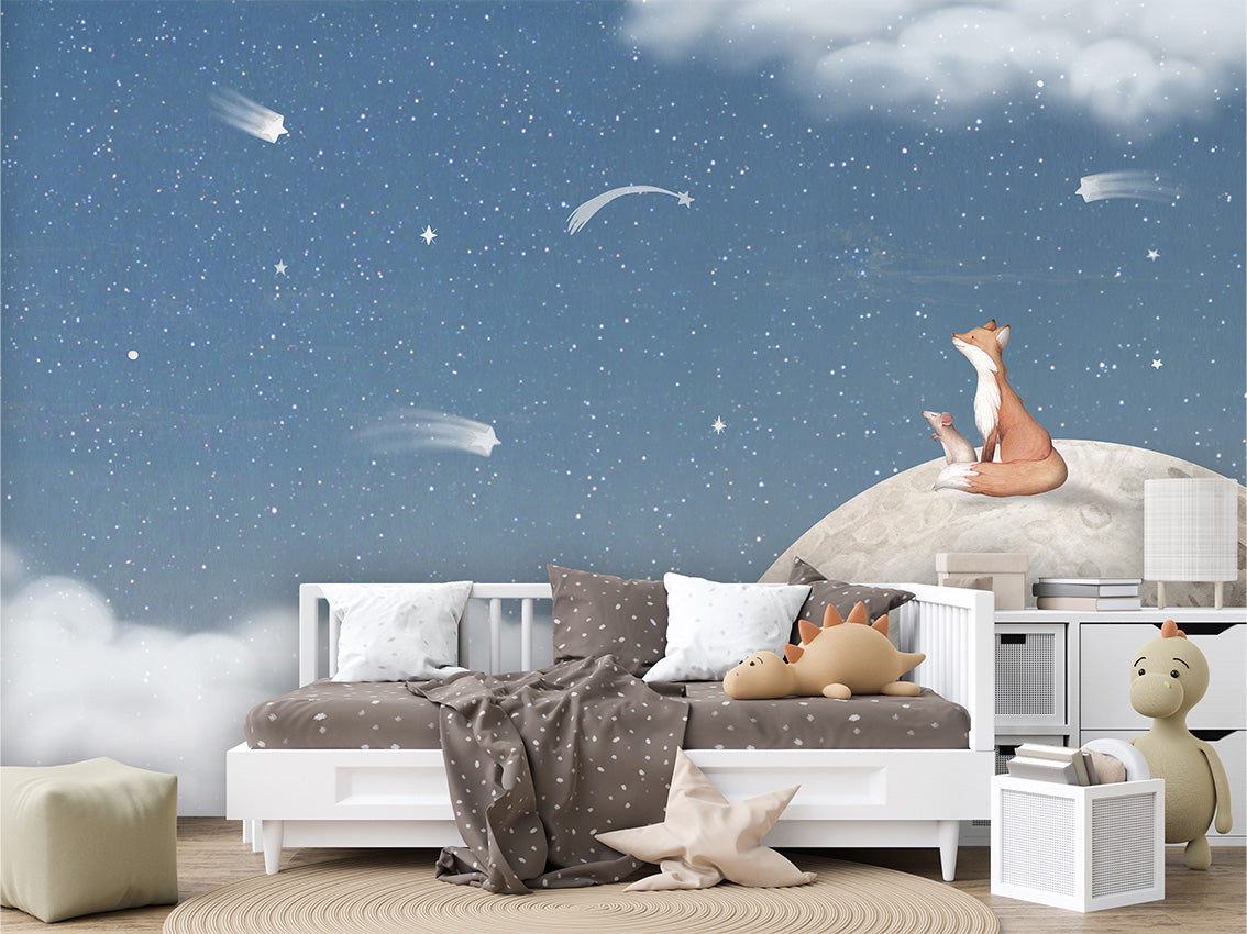 Fox on the Moon – Blue, letër murale me dhelpër dhe hënë, Couch