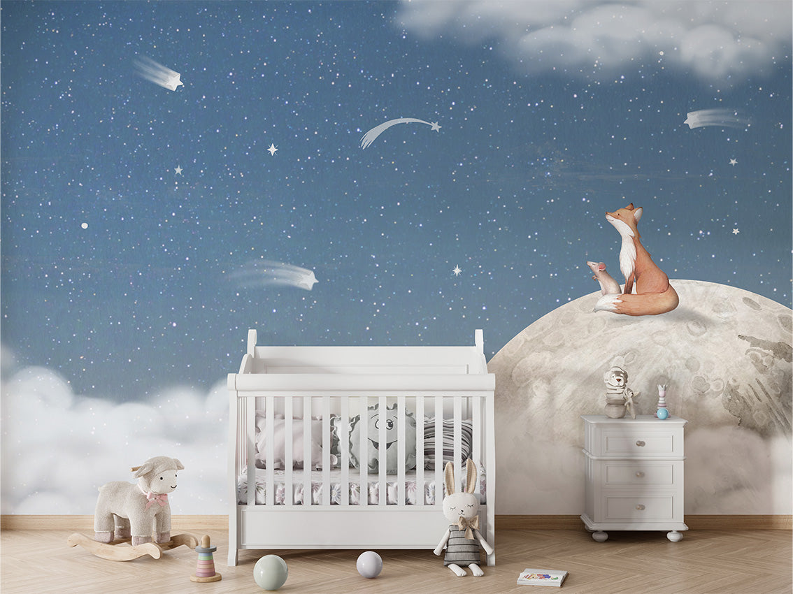 Fox on the Moon – Blue, letër murale me dhelpër dhe hënë, Crib