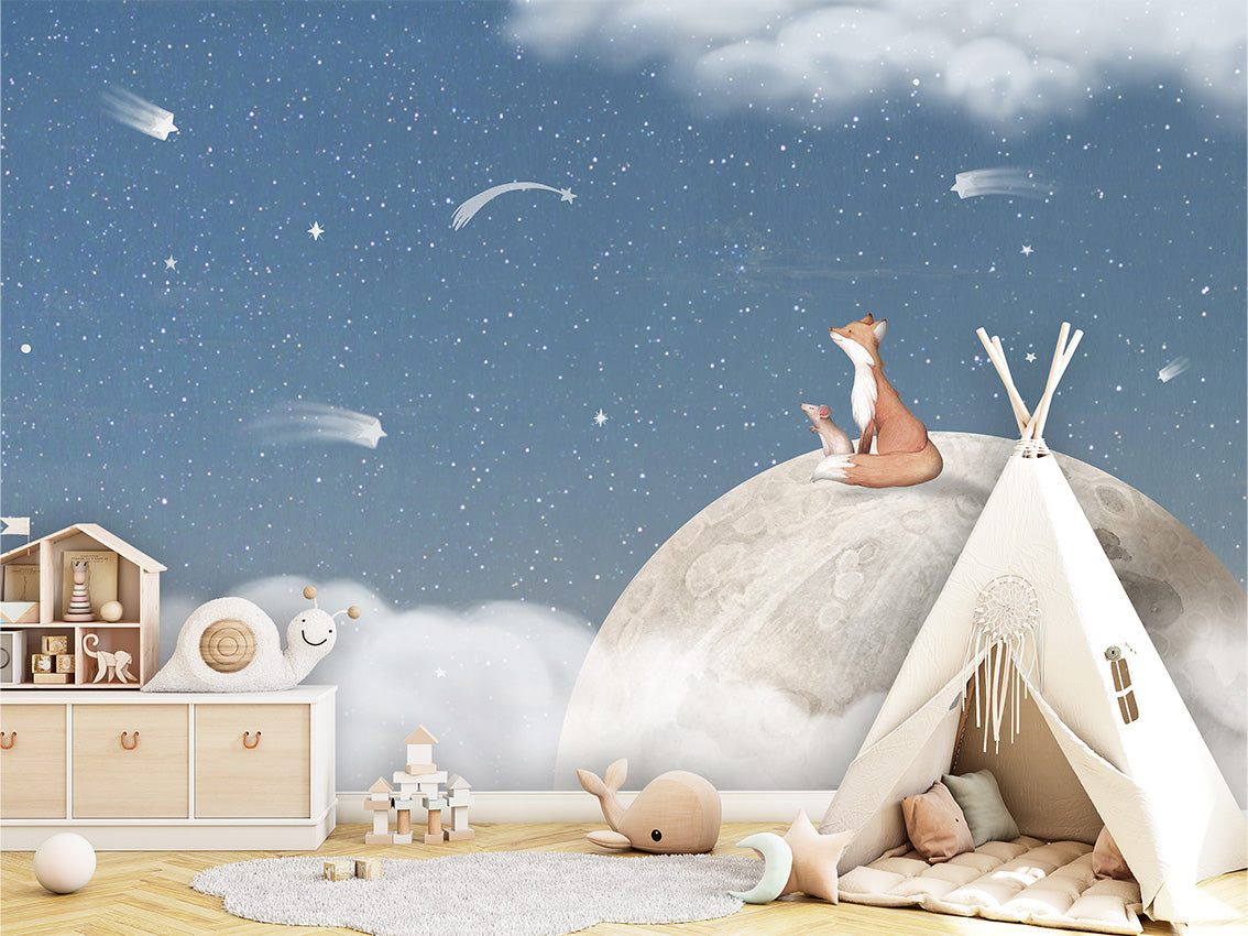 Fox on the Moon – Blue, letër murale me dhelpër dhe hënë, Tipi