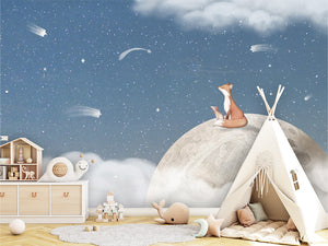 Fox on the Moon – Blue, letër murale me dhelpër dhe hënë, Tipi