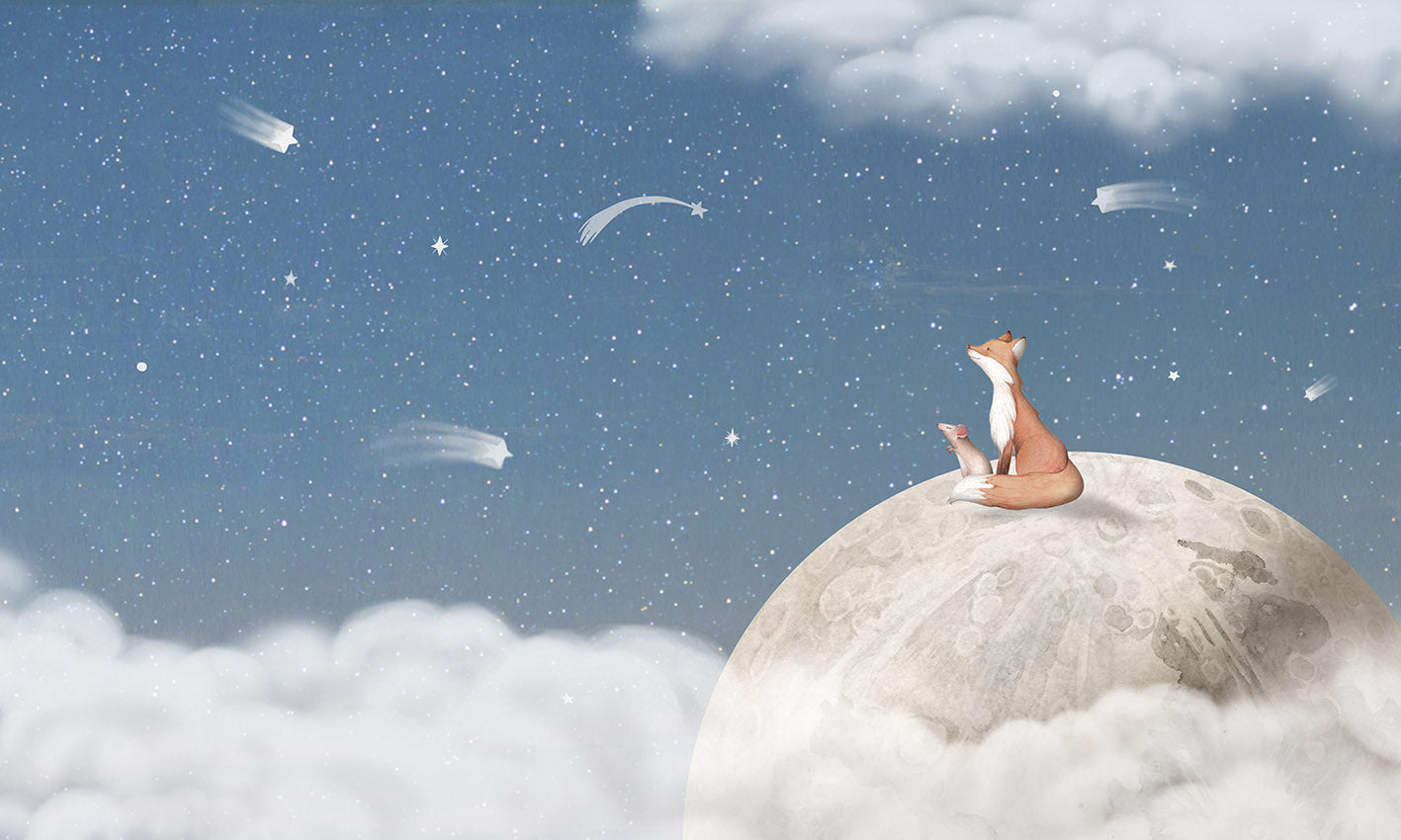 Fox on the Moon – Blue, letër murale me dhelpër dhe hënë, dizajni i plotë