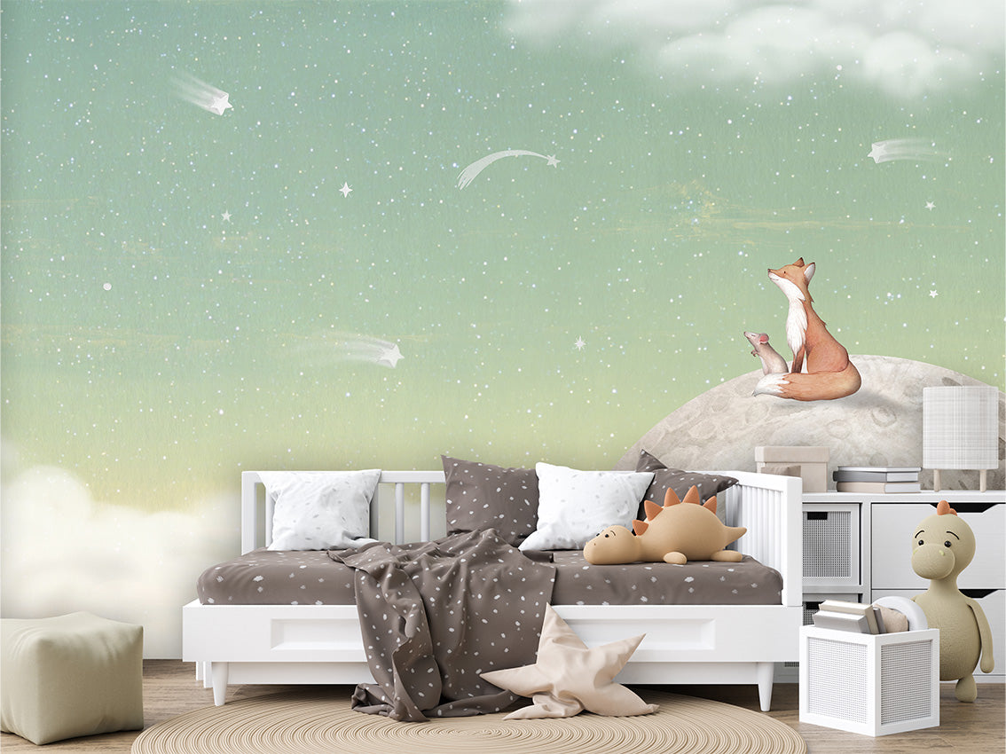 Fox on the Moon – Green, letër murale me dhelpër dhe hënë, Couch