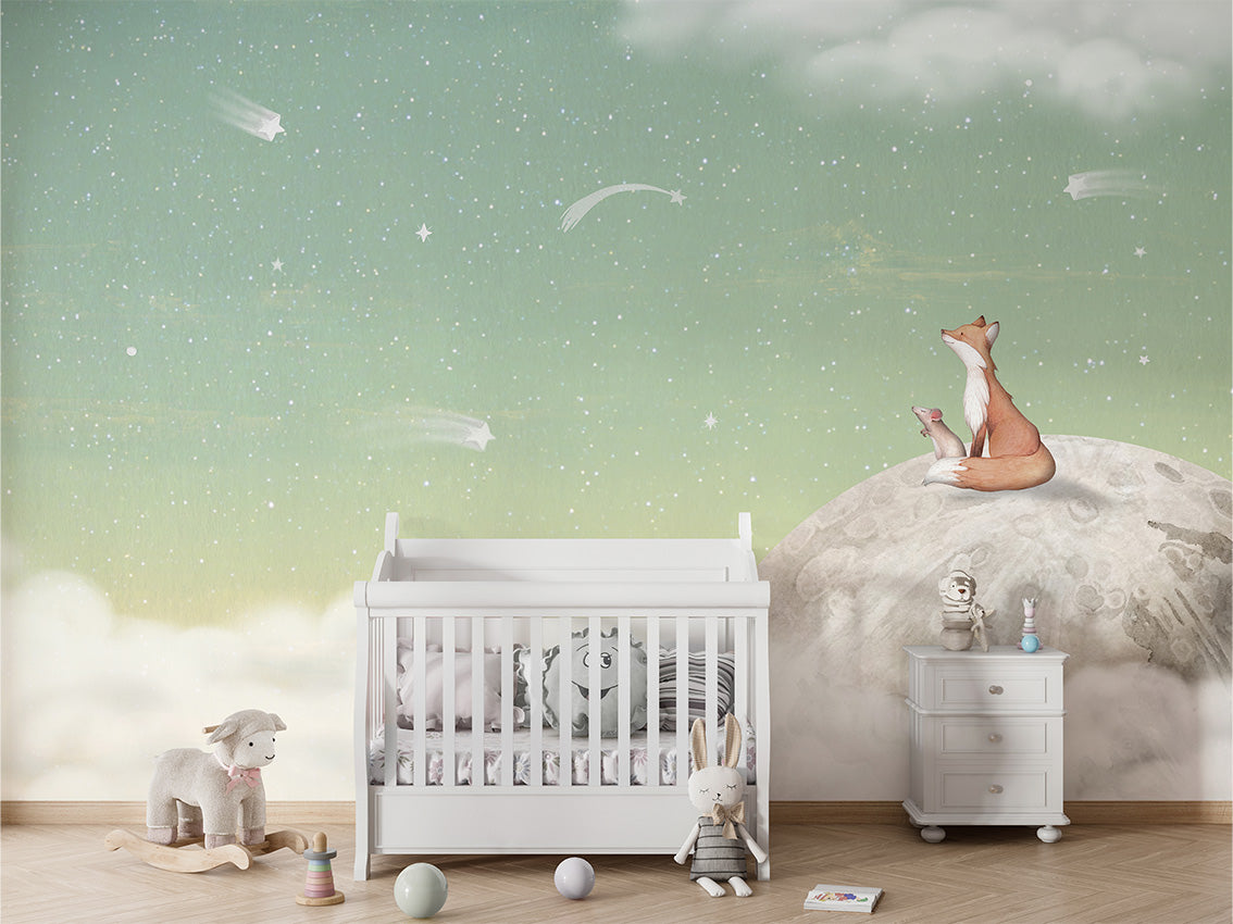 Fox on the Moon – Green, letër murale me dhelpër dhe hënë, Crib