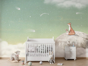 Fox on the Moon – Green, letër murale me dhelpër dhe hënë, Crib