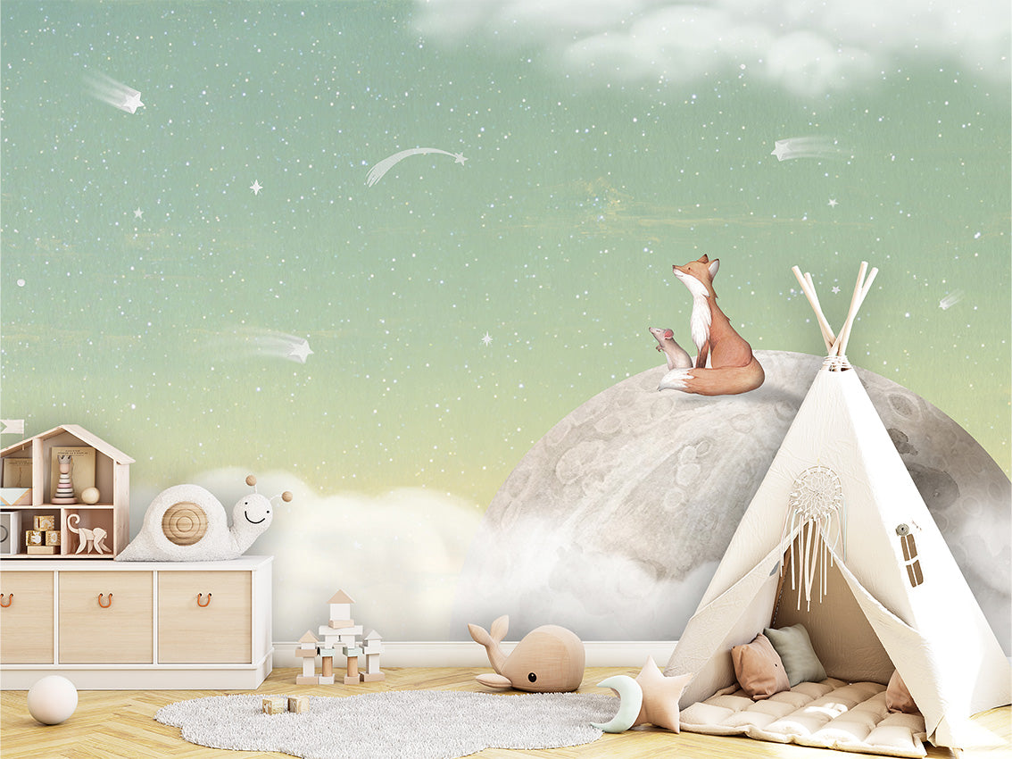 Fox on the Moon – Green, letër murale me dhelpër dhe hënë, Tipi