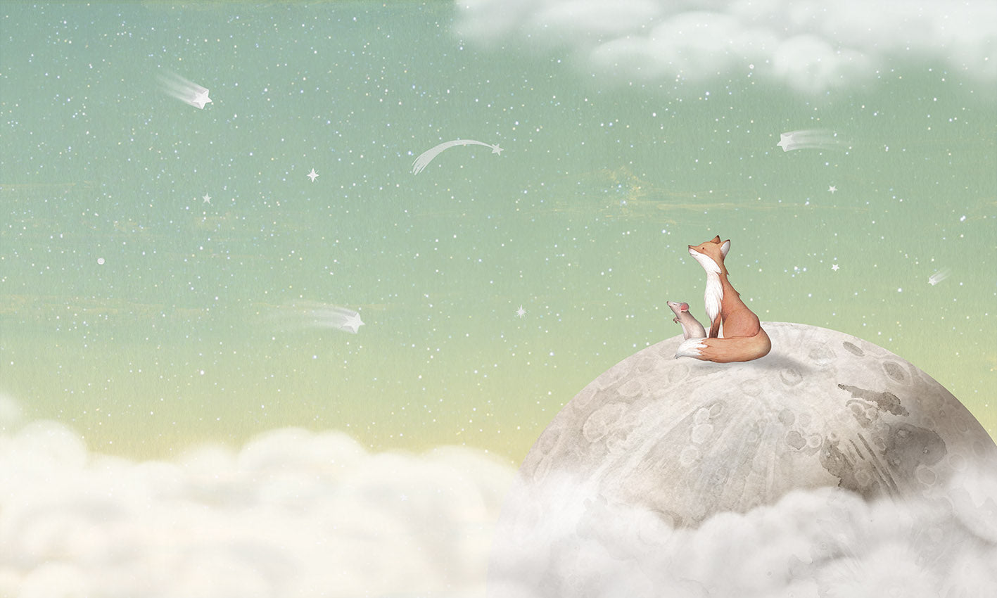 Fox on the Moon – Green, letër murale me dhelpër dhe hënë, dizajni i plotë