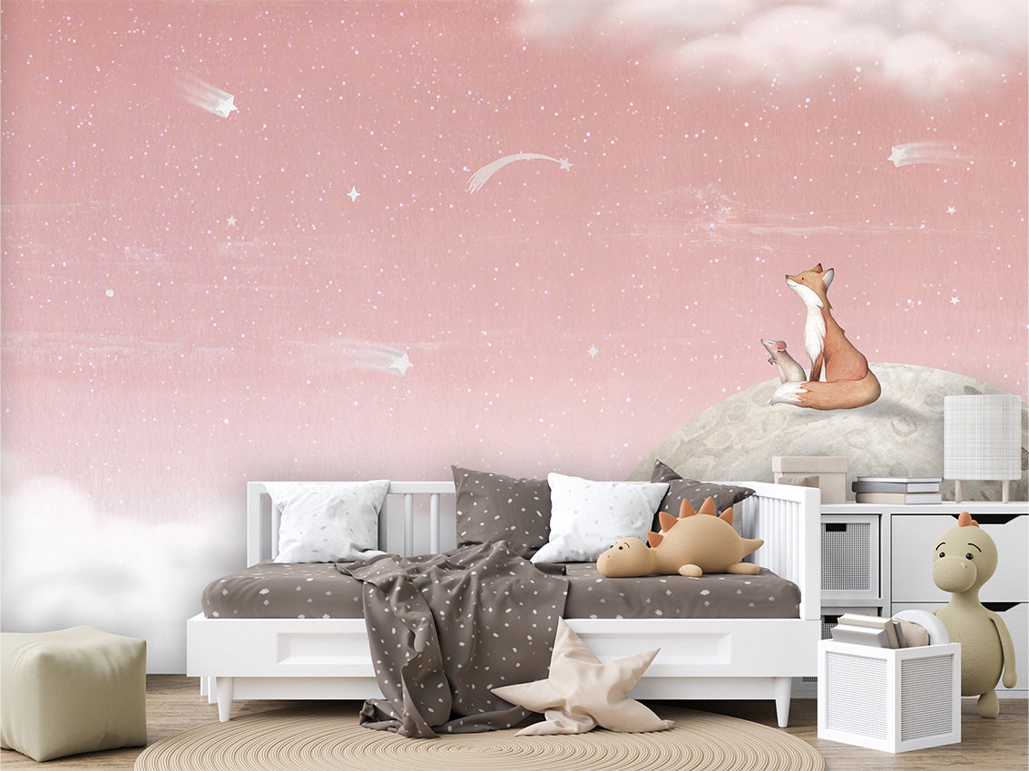Fox on the Moon – Pink, letër murale me dhelpër dhe hënë, Couch