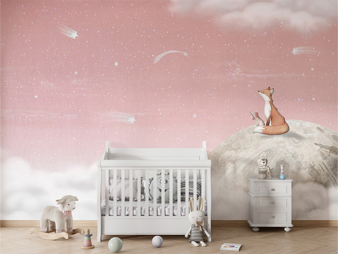 Fox on the Moon – Pink, letër murale me dhelpër dhe hënë, Crib