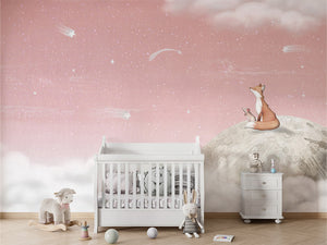 Fox on the Moon – Pink, letër murale me dhelpër dhe hënë, Crib