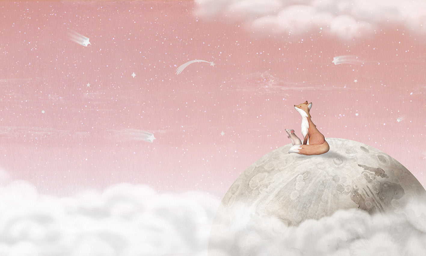 Fox on the Moon – Pink, letër murale me dhelpër dhe hënë, dizajni i plotë