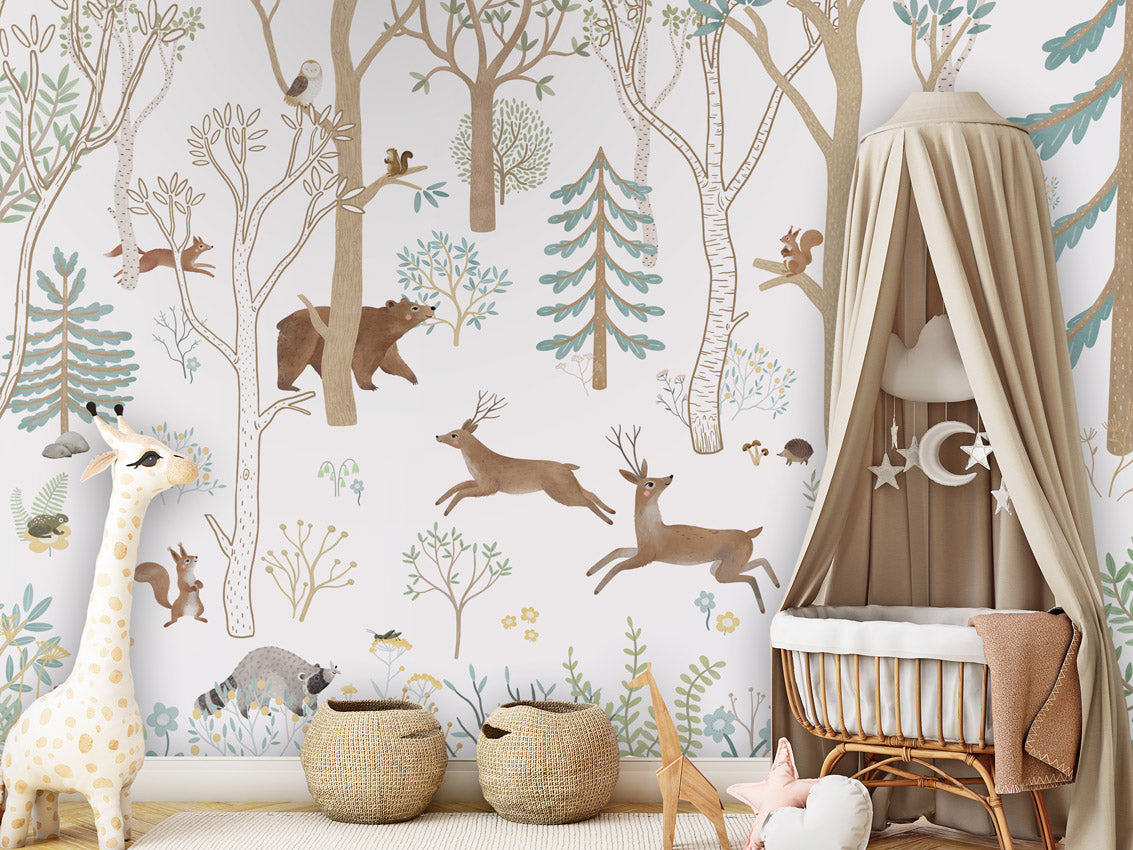 Frisky Forest – Blue, letër murale me kafshë pylli, Crib clamboe