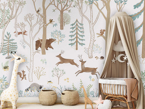 Frisky Forest – Blue, letër murale me kafshë pylli, Crib clamboe
