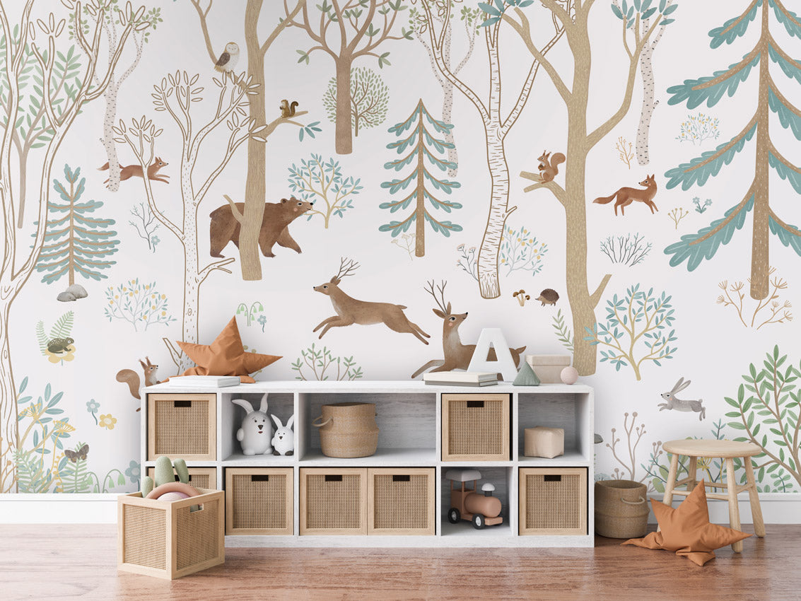 Frisky Forest – Blue, letër murale me kafshë pylli, Dressoir