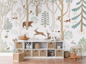 Frisky Forest – Blue, letër murale me kafshë pylli, Dressoir