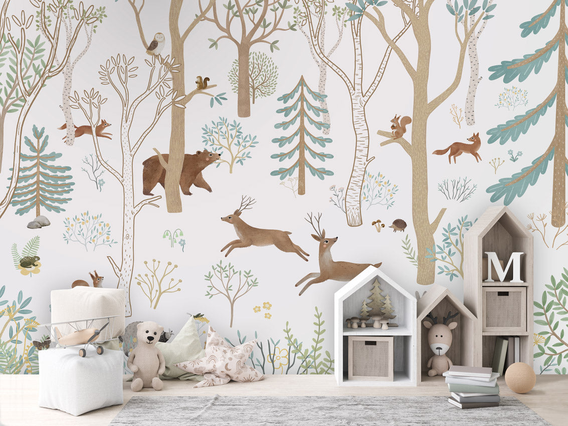 Frisky Forest – Blue, letër murale me kafshë pylli, House cabinets