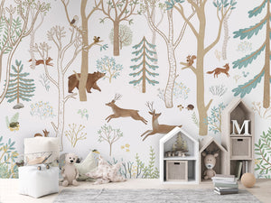Frisky Forest – Blue, letër murale me kafshë pylli, House cabinets