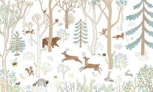 Frisky Forest – Blue, letër murale me kafshë pylli, dizajni i plotë
