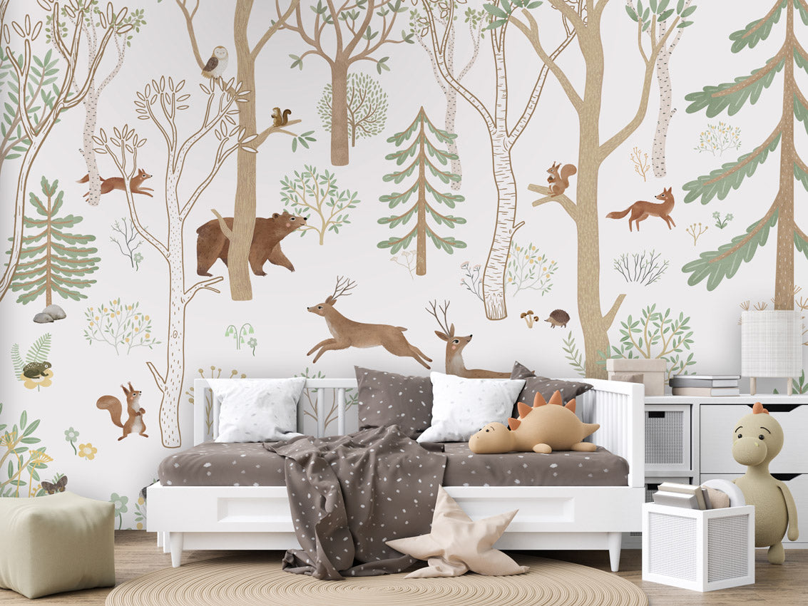 Frisky Forest – Green, letër murale me kafshë pylli, Couch
