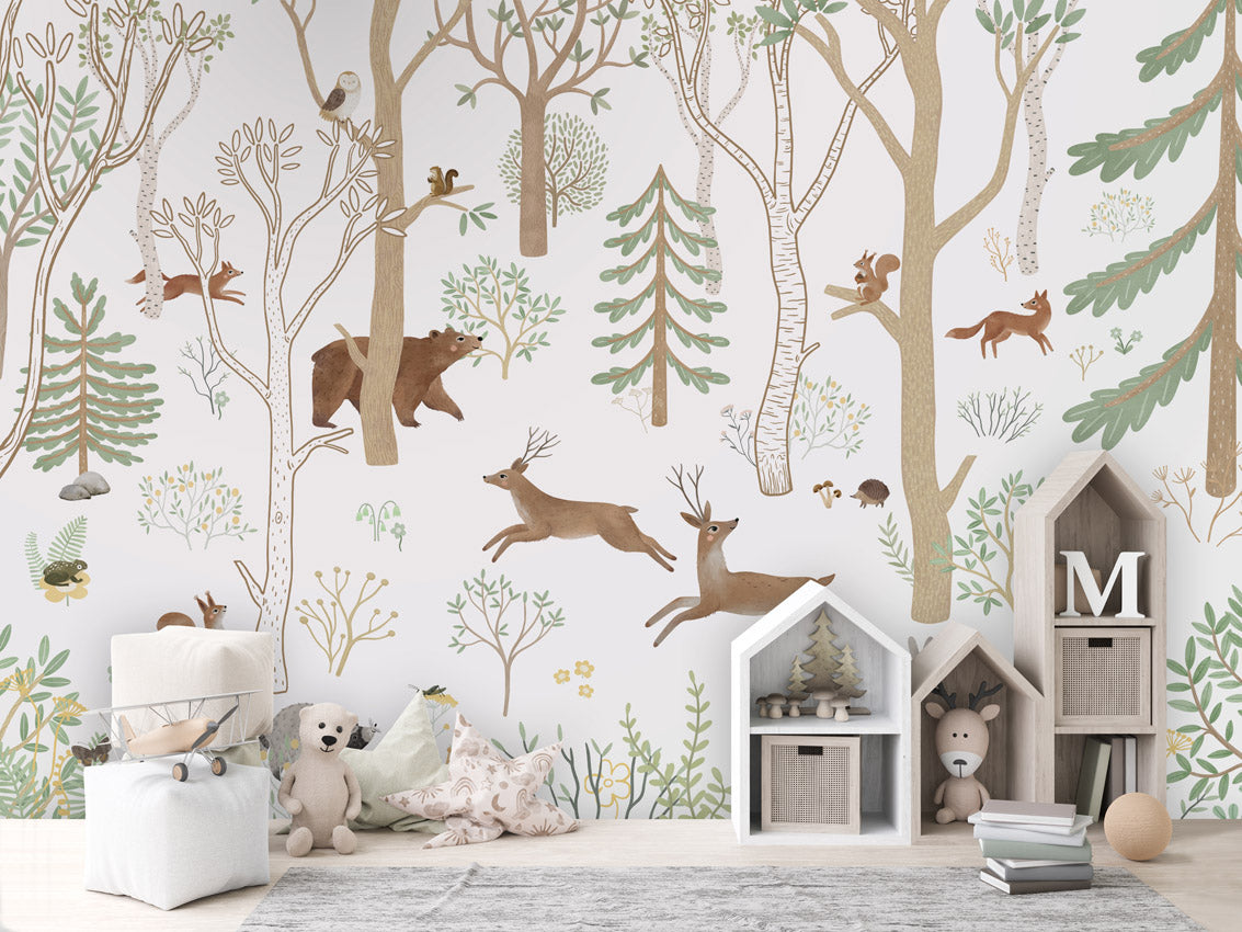Frisky Forest – Green, letër murale me kafshë pylli, House cabinets