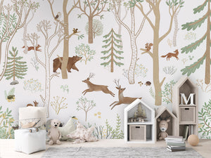 Frisky Forest – Green, letër murale me kafshë pylli, House cabinets