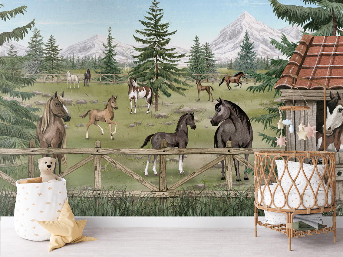 Horse Haven – letër murale me kuaj dhe male, Crib rotan