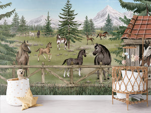 Horse Haven – letër murale me kuaj dhe male, Crib rotan