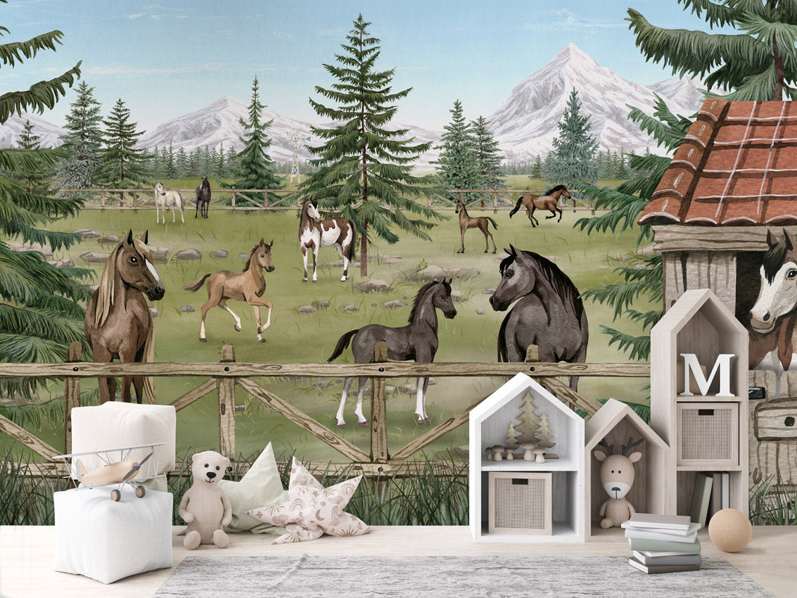 Horse Haven – letër murale me kuaj dhe male, House cabinets