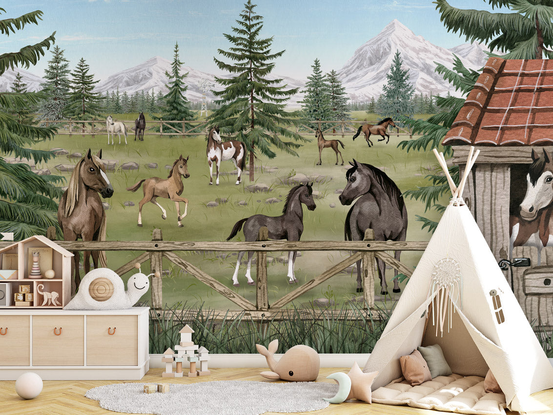Horse Haven – letër murale me kuaj dhe male, Tipi
