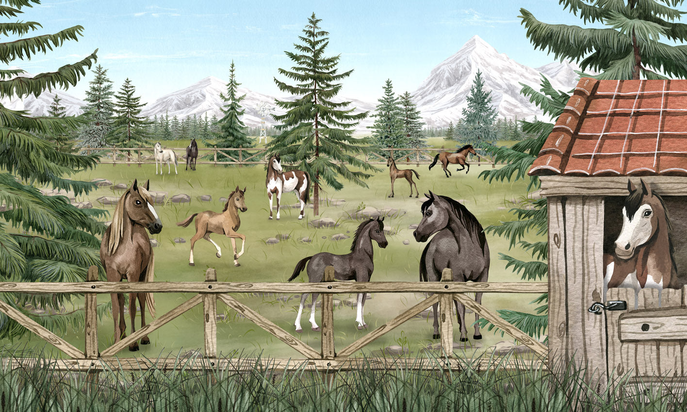 Horse Haven – letër murale me kuaj dhe male, dizajni i plotë