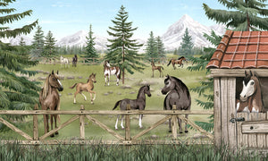 Horse Haven – letër murale me kuaj dhe male, dizajni i plotë