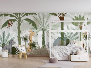 Jungle Joy – letër murale me kafshë safari dhe palma, House bed