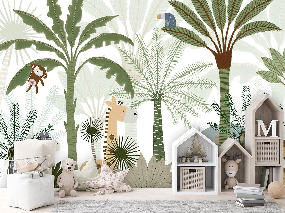 Jungle Joy – letër murale me kafshë safari dhe palma, House cabinets