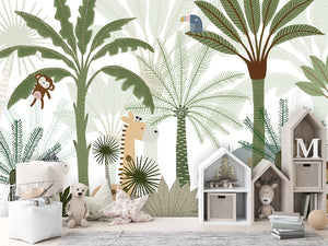 Jungle Joy – letër murale me kafshë safari dhe palma, House cabinets