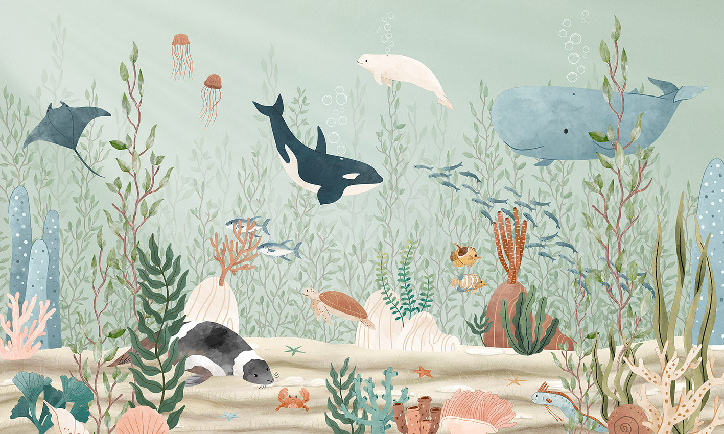 Kelp Forest – letër murale me kafshë deti dhe alga, dizajni i plotë