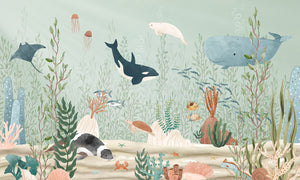 Kelp Forest – letër murale me kafshë deti dhe alga, dizajni i plotë